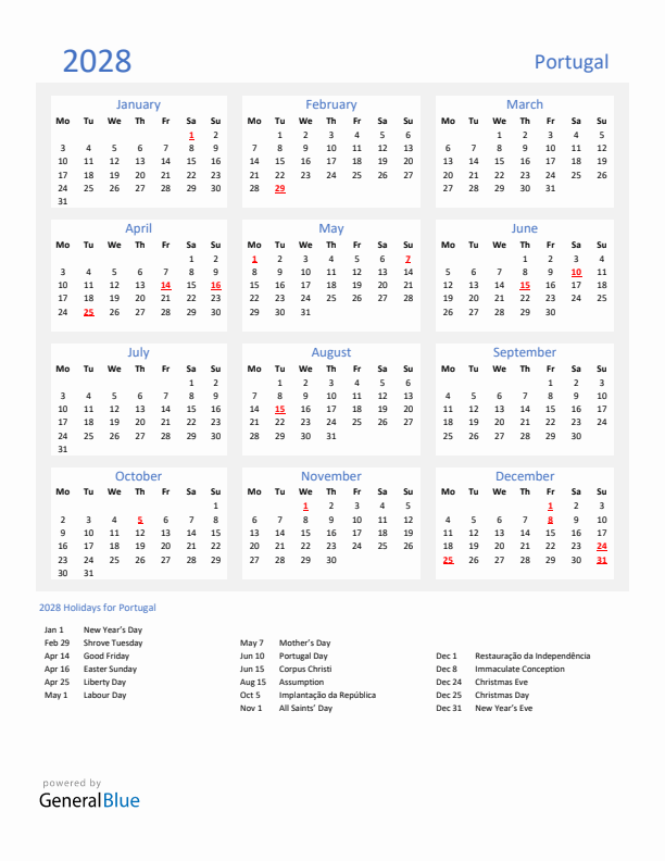 Basic Yearly Calendar with Holidays in Portugal for 2028