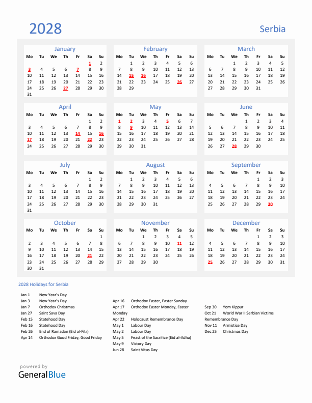 Basic Yearly Calendar with Holidays in Serbia for 2028