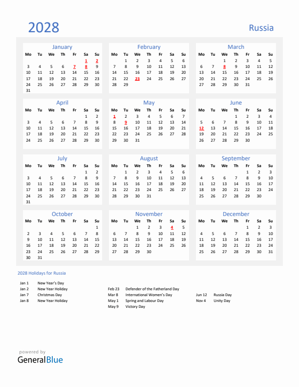Basic Yearly Calendar with Holidays in Russia for 2028