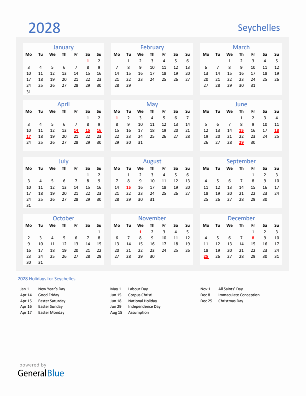 Basic Yearly Calendar with Holidays in Seychelles for 2028 