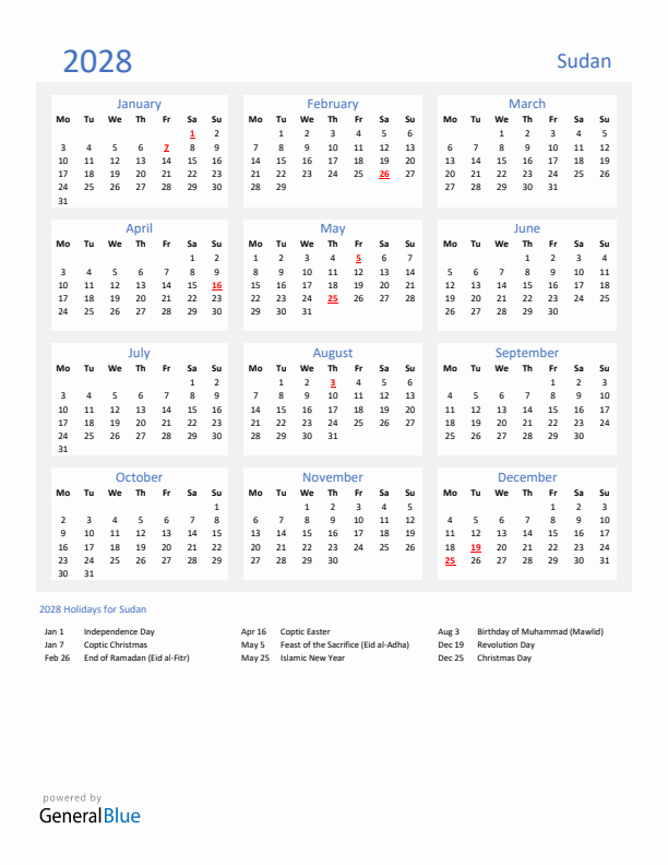 Basic Yearly Calendar with Holidays in Sudan for 2028 