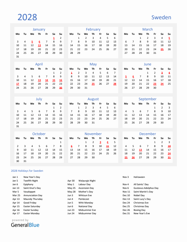Basic Yearly Calendar with Holidays in Sweden for 2028