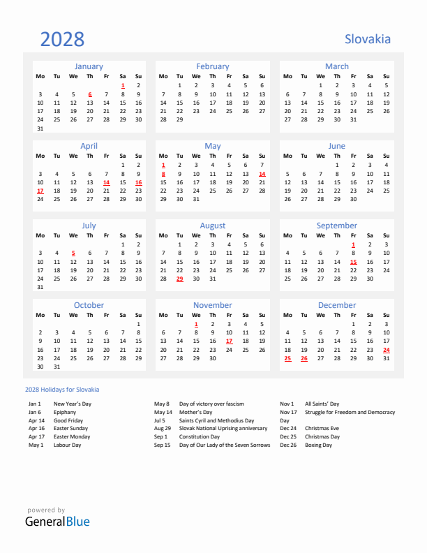 Basic Yearly Calendar with Holidays in Slovakia for 2028