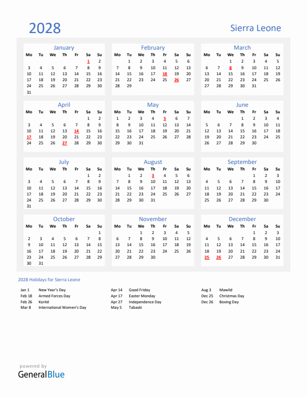 Basic Yearly Calendar with Holidays in Sierra Leone for 2028 