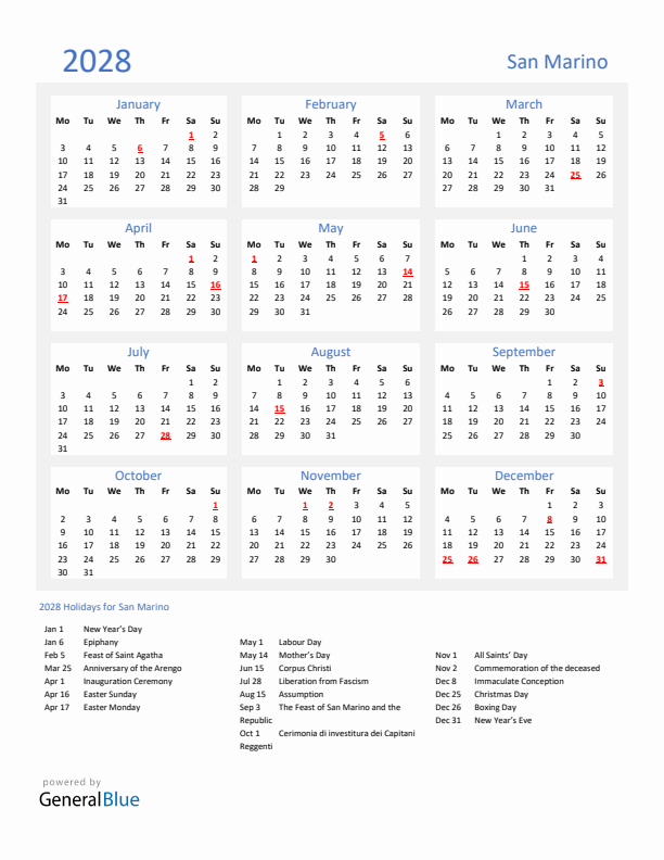 Basic Yearly Calendar with Holidays in San Marino for 2028