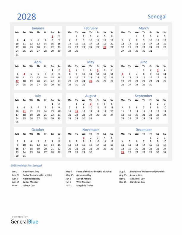 Basic Yearly Calendar with Holidays in Senegal for 2028 