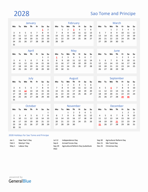 Basic Yearly Calendar with Holidays in Sao Tome and Principe for 2028 