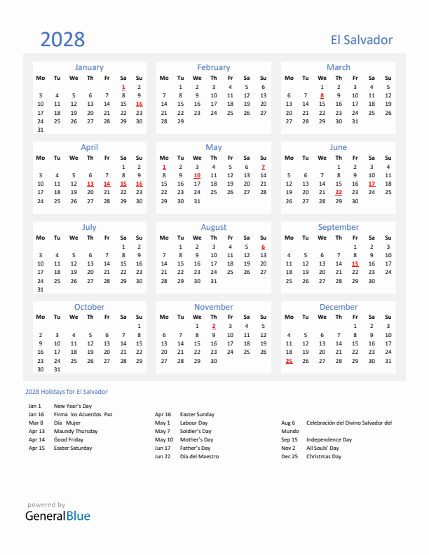 Basic Yearly Calendar with Holidays in El Salvador for 2028
