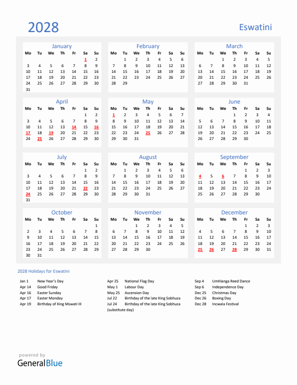 Basic Yearly Calendar with Holidays in Eswatini for 2028