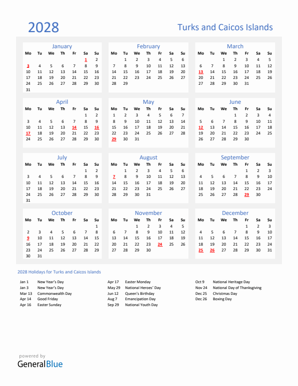 Basic Yearly Calendar with Holidays in Turks and Caicos Islands for 2028 