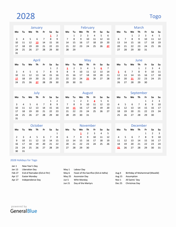 Basic Yearly Calendar with Holidays in Togo for 2028