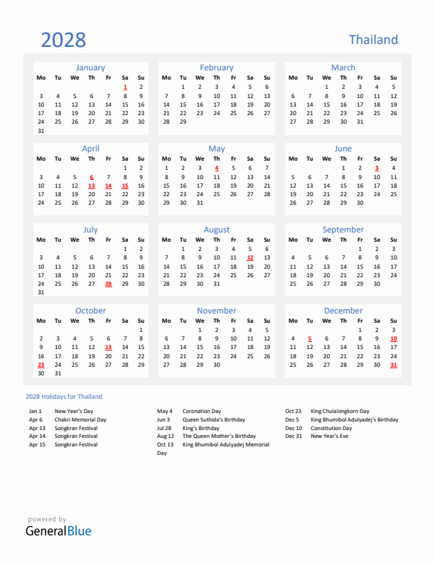 Basic Yearly Calendar with Holidays in Thailand for 2028 