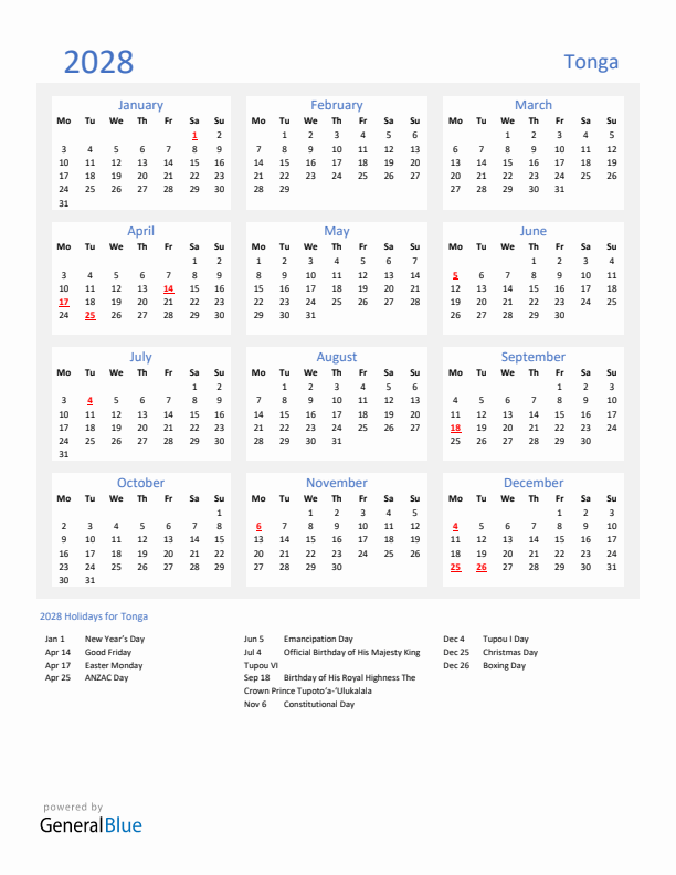 Basic Yearly Calendar with Holidays in Tonga for 2028 