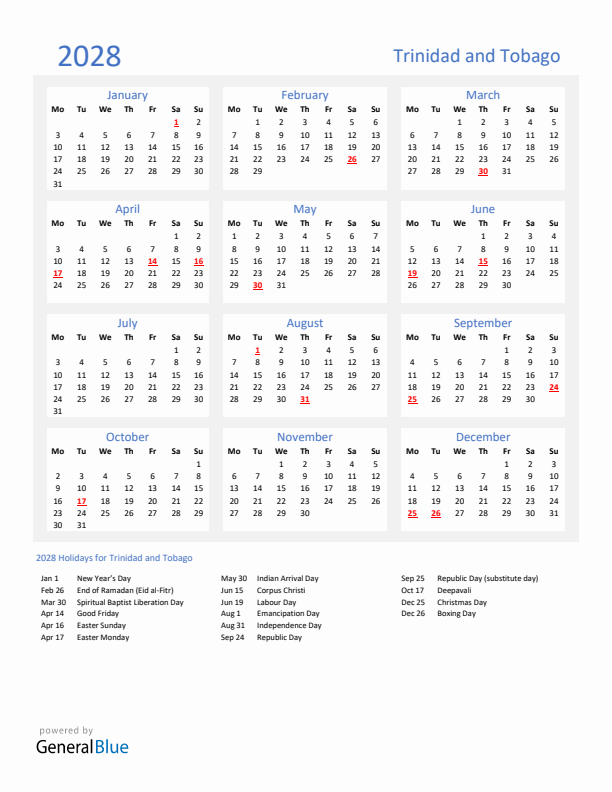 Basic Yearly Calendar with Holidays in Trinidad and Tobago for 2028 