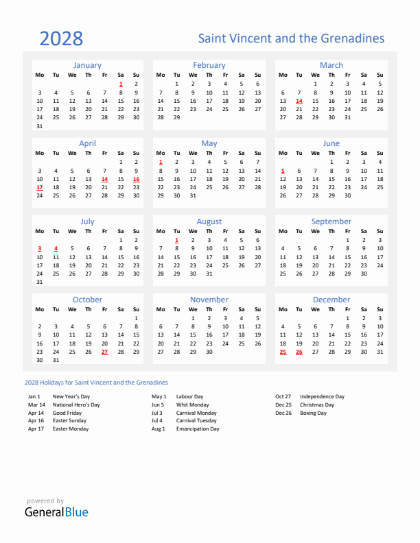 Basic Yearly Calendar with Holidays in Saint Vincent and the Grenadines for 2028 