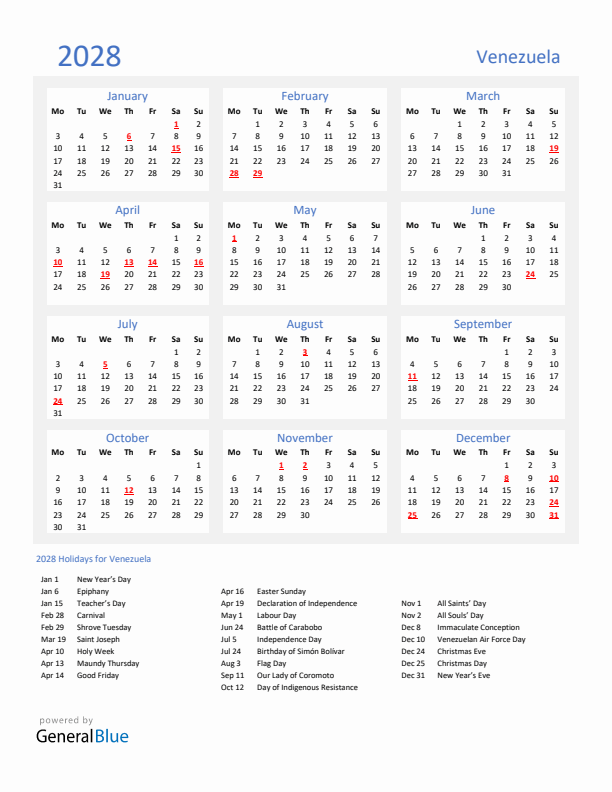 Basic Yearly Calendar with Holidays in Venezuela for 2028