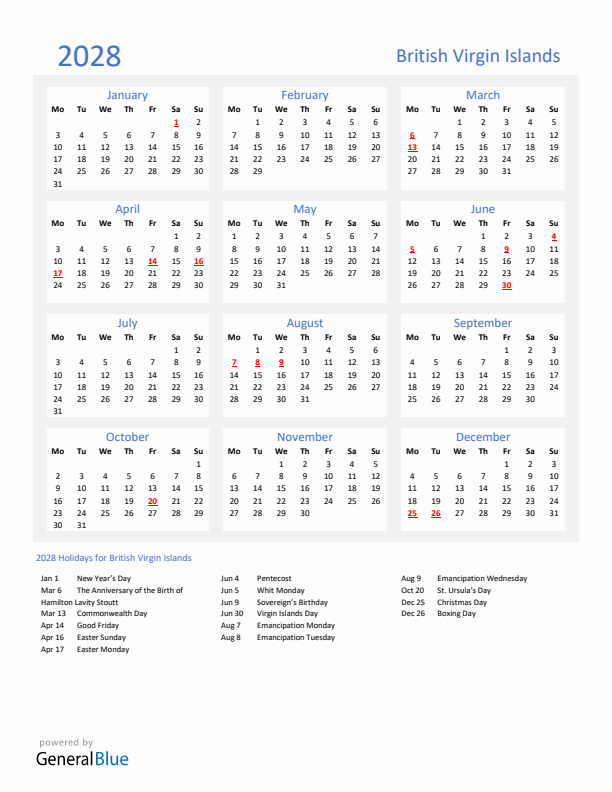 Basic Yearly Calendar with Holidays in British Virgin Islands for 2028 