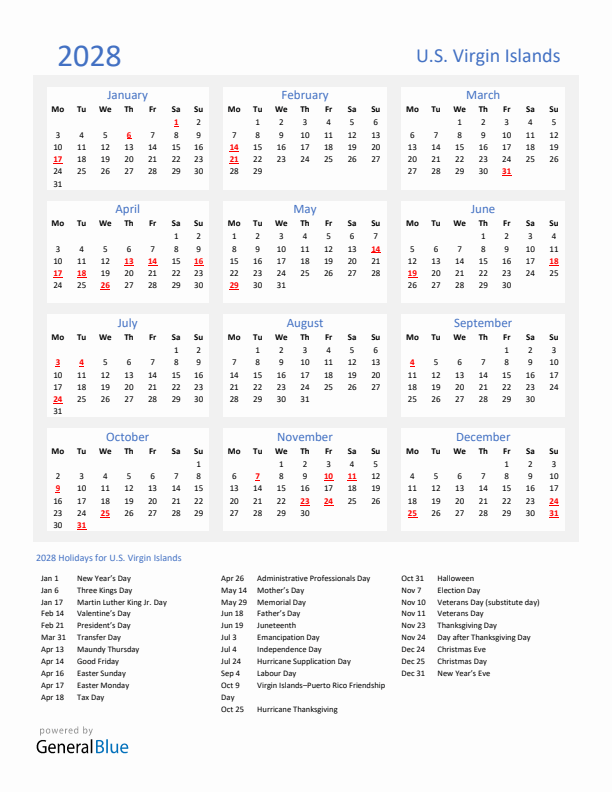 Basic Yearly Calendar with Holidays in U.S. Virgin Islands for 2028 