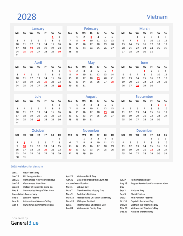 Basic Yearly Calendar with Holidays in Vietnam for 2028