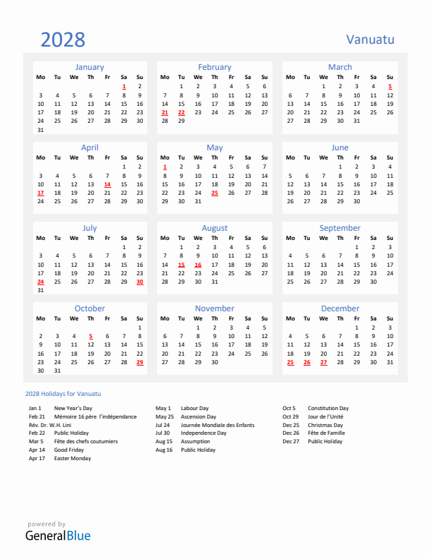 Basic Yearly Calendar with Holidays in Vanuatu for 2028