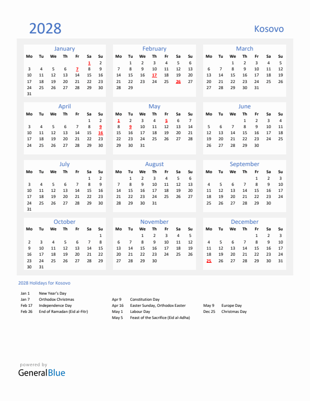 Basic Yearly Calendar with Holidays in Kosovo for 2028