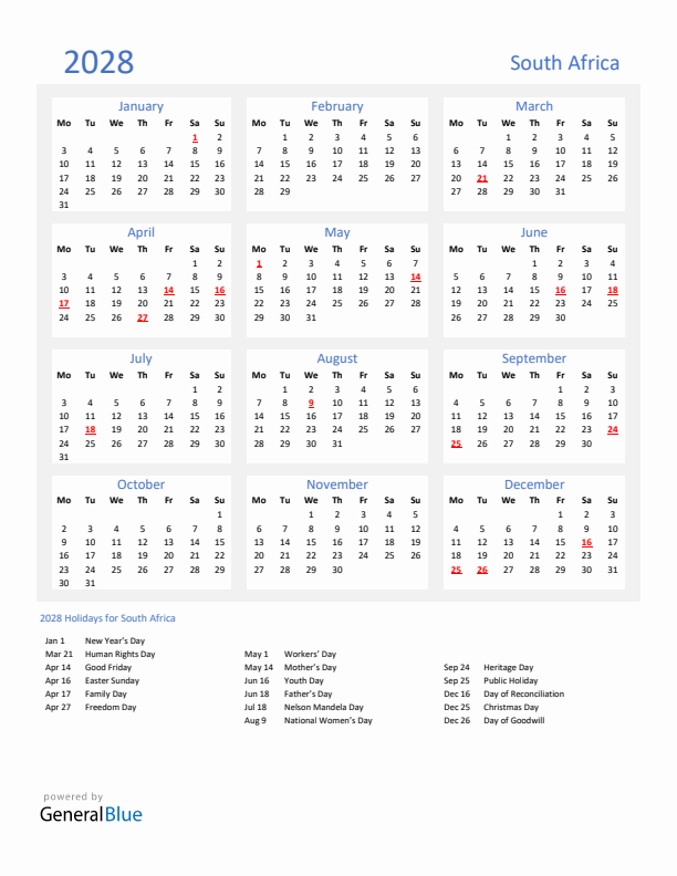 Basic Yearly Calendar with Holidays in South Africa for 2028