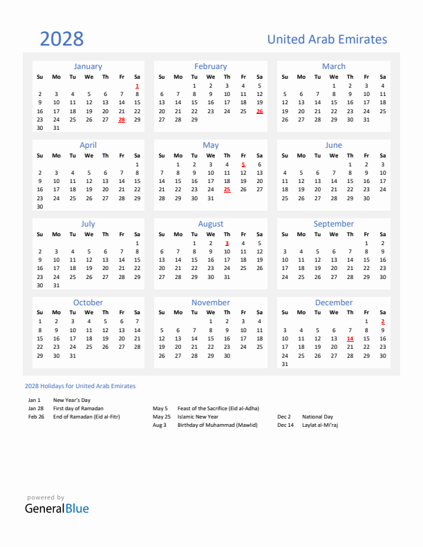 Basic Yearly Calendar with Holidays in United Arab Emirates for 2028