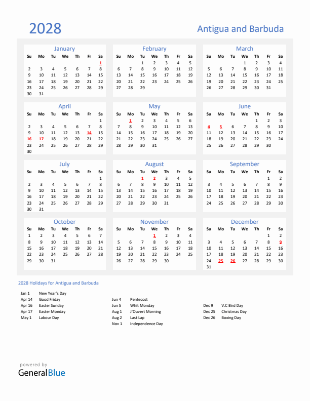 Basic Yearly Calendar with Holidays in Antigua and Barbuda for 2028