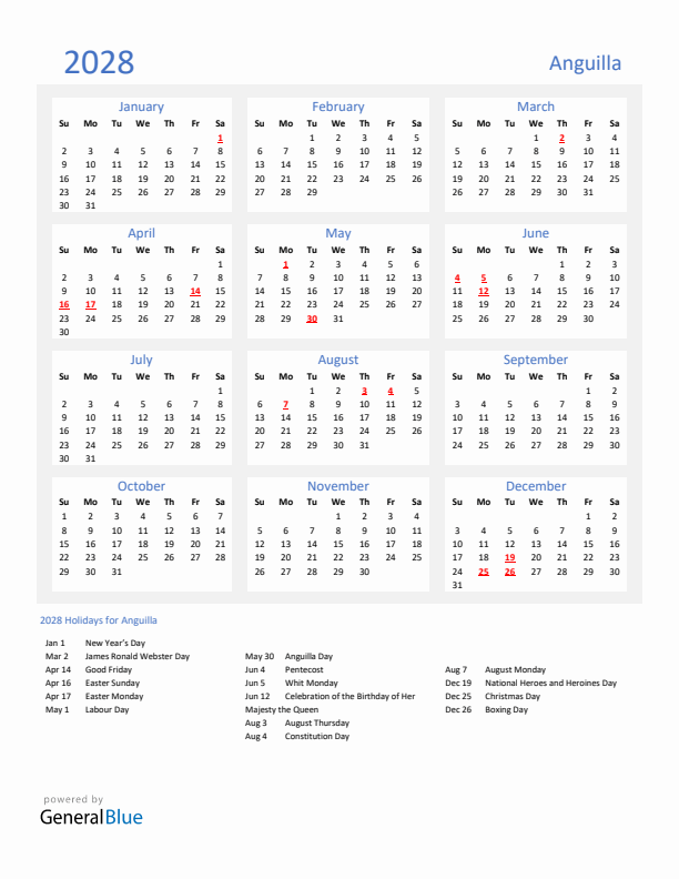 Basic Yearly Calendar with Holidays in Anguilla for 2028