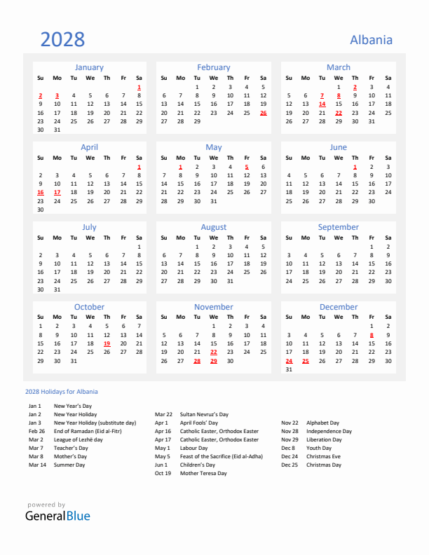 Basic Yearly Calendar with Holidays in Albania for 2028