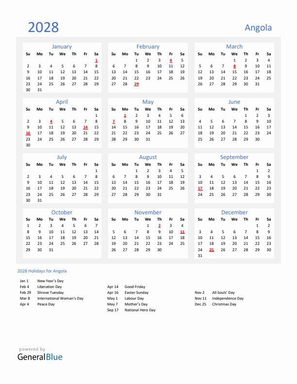 Basic Yearly Calendar with Holidays in Angola for 2028