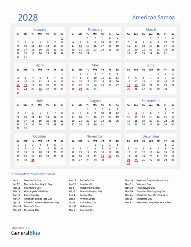 Basic Yearly Calendar with Holidays in American Samoa for 2028 