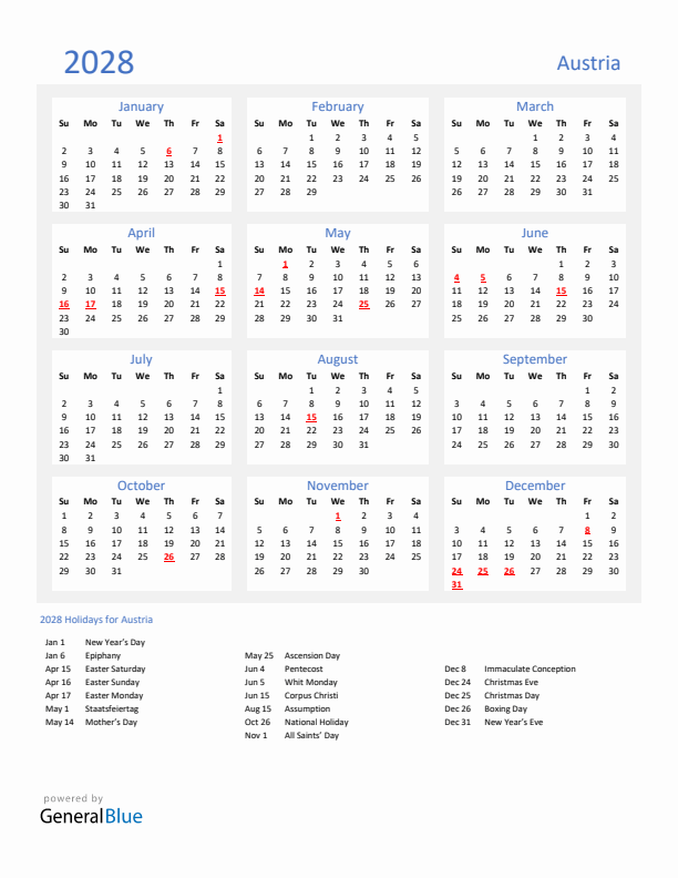 Basic Yearly Calendar with Holidays in Austria for 2028