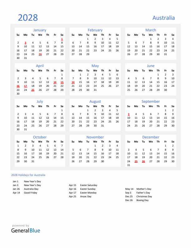 Basic Yearly Calendar with Holidays in Australia for 2028