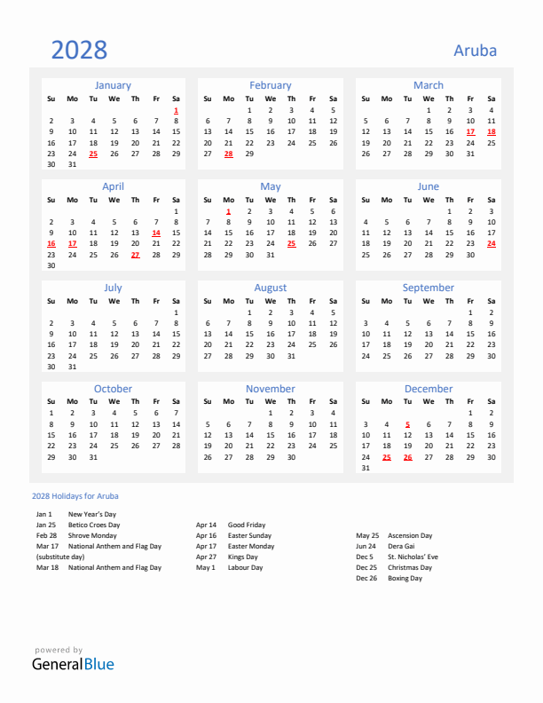 Basic Yearly Calendar with Holidays in Aruba for 2028