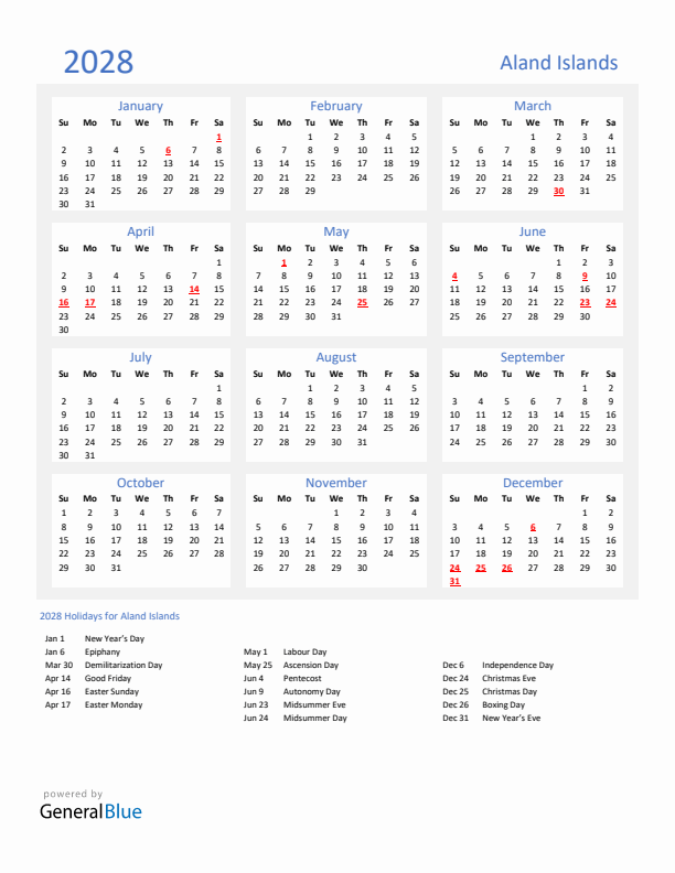 Basic Yearly Calendar with Holidays in Aland Islands for 2028