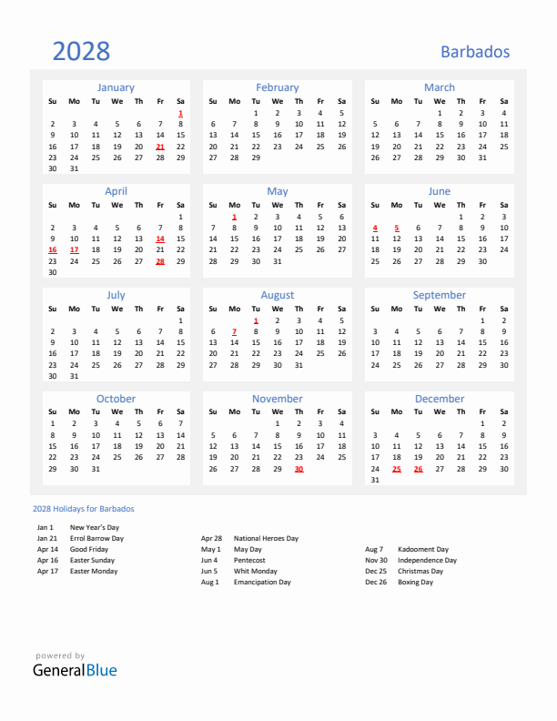 Basic Yearly Calendar with Holidays in Barbados for 2028