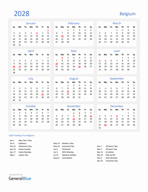Basic Yearly Calendar with Holidays in Belgium for 2028