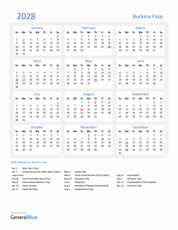 Basic Yearly Calendar with Holidays in Burkina Faso for 2028