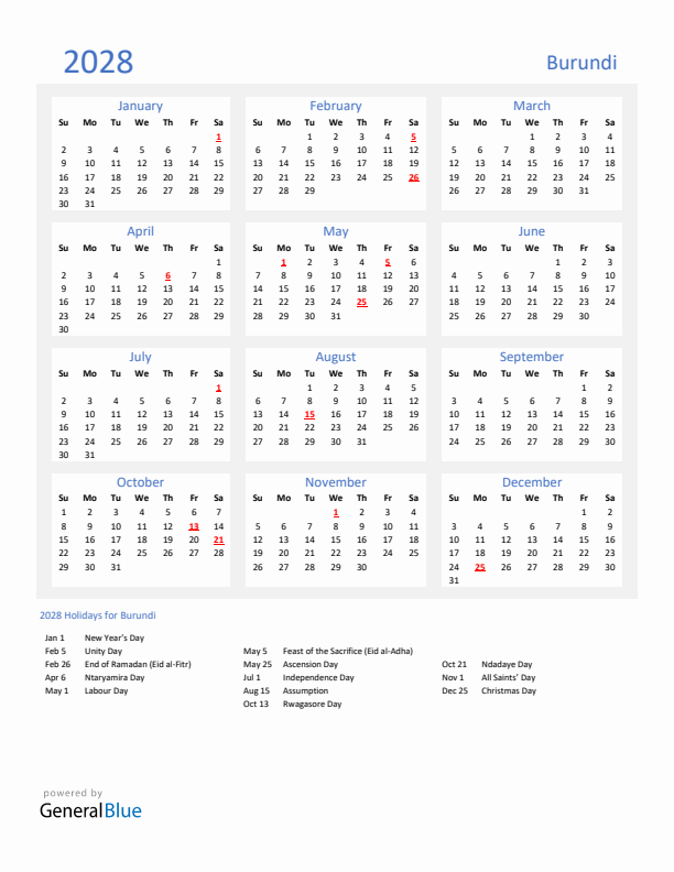 Basic Yearly Calendar with Holidays in Burundi for 2028