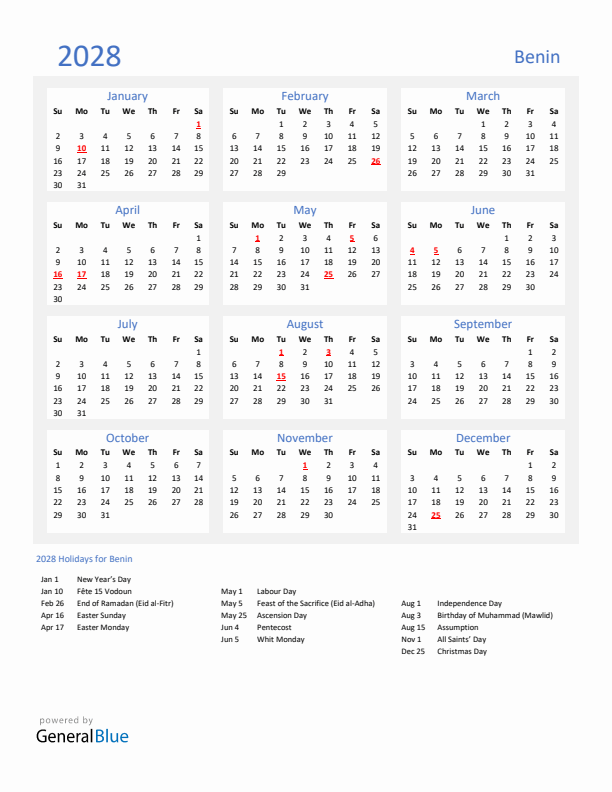 Basic Yearly Calendar with Holidays in Benin for 2028