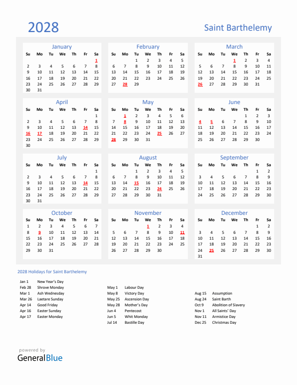 Basic Yearly Calendar with Holidays in Saint Barthelemy for 2028