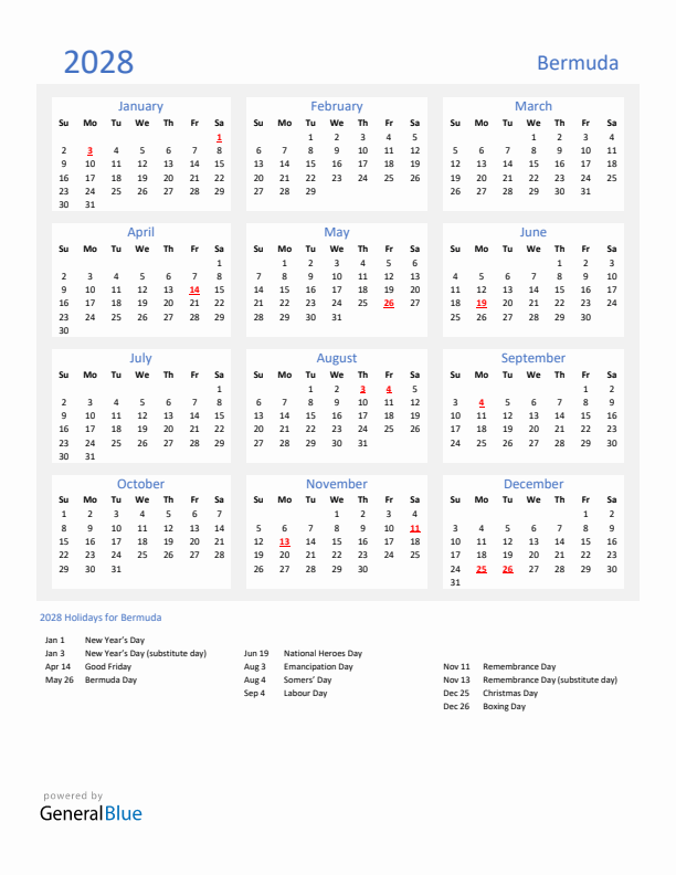 Basic Yearly Calendar with Holidays in Bermuda for 2028