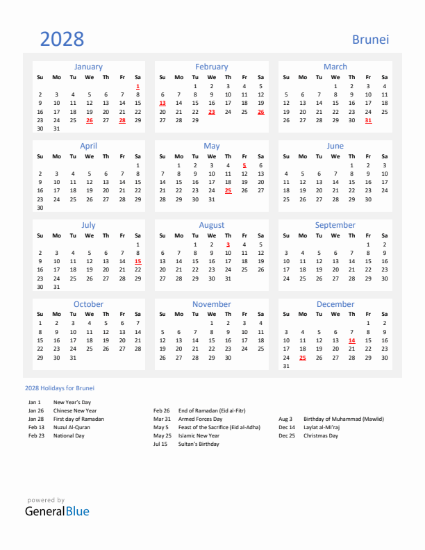 Basic Yearly Calendar with Holidays in Brunei for 2028