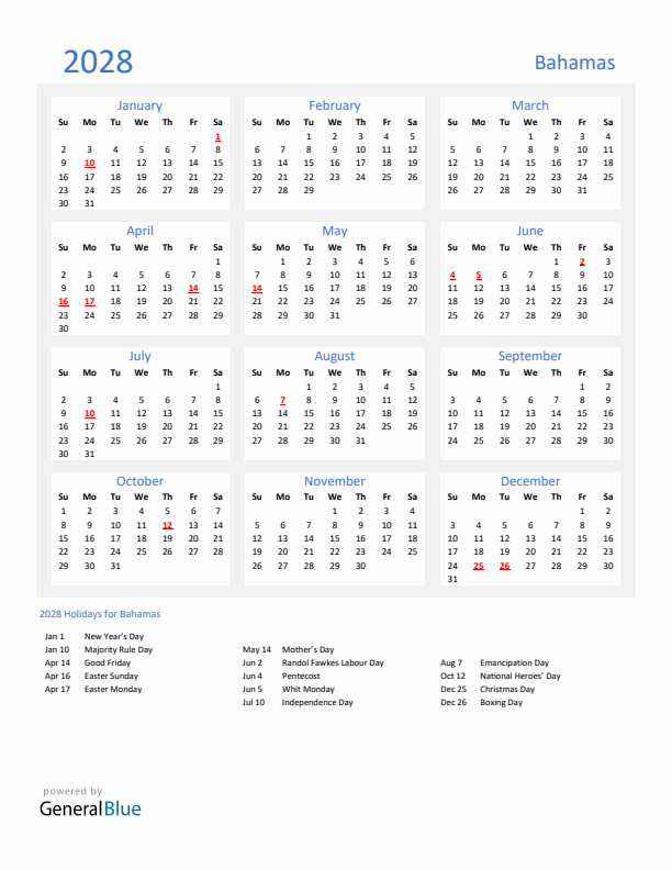 Basic Yearly Calendar with Holidays in Bahamas for 2028