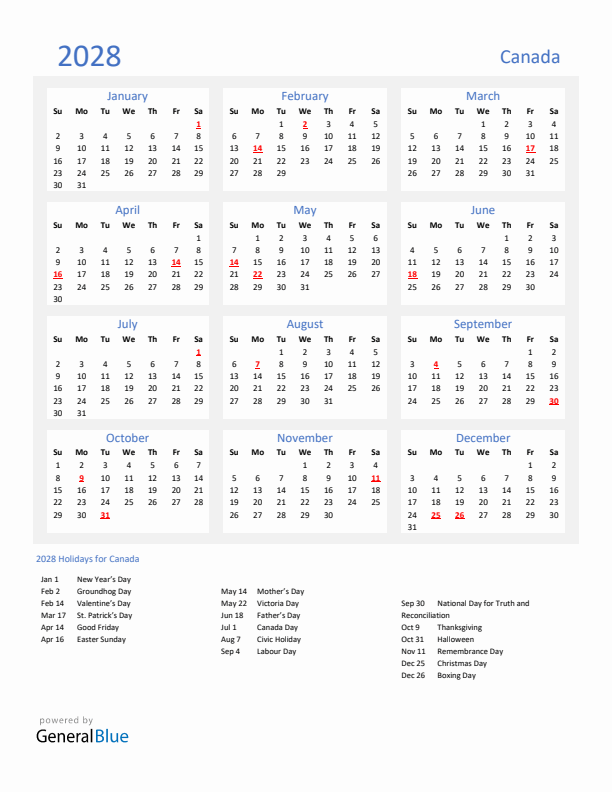 Basic Yearly Calendar with Holidays in Canada for 2028