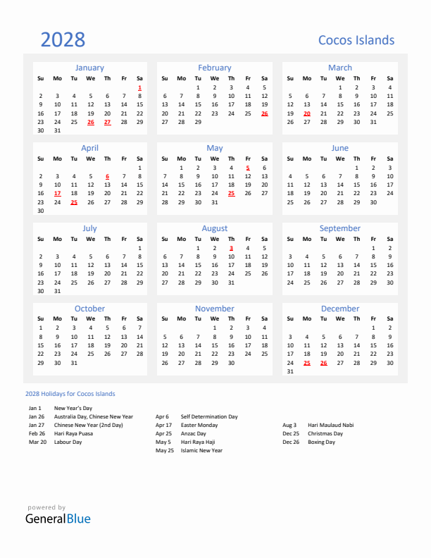 Basic Yearly Calendar with Holidays in Cocos Islands for 2028
