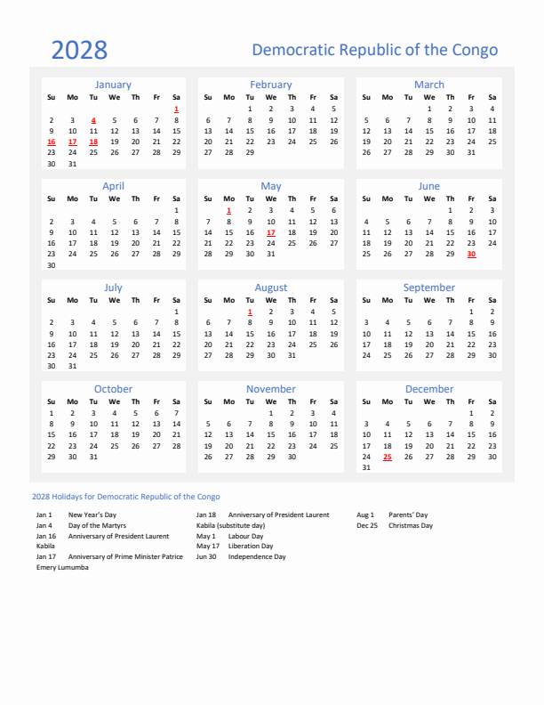 Basic Yearly Calendar with Holidays in Democratic Republic of the Congo for 2028 