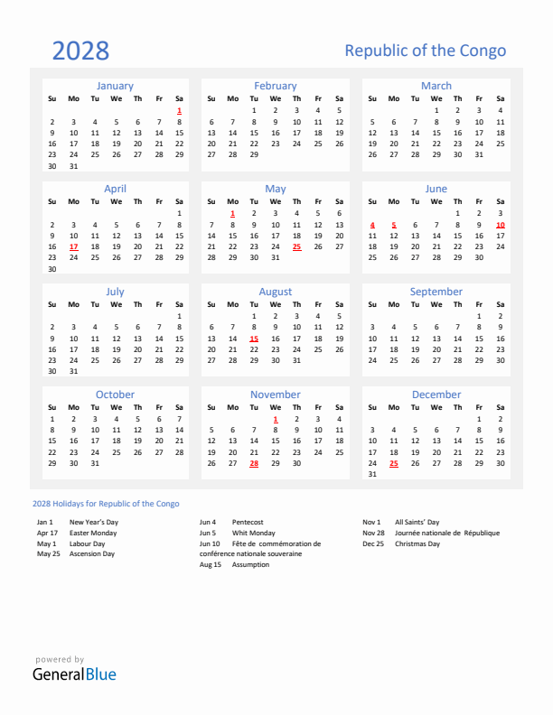 Basic Yearly Calendar with Holidays in Republic of the Congo for 2028 