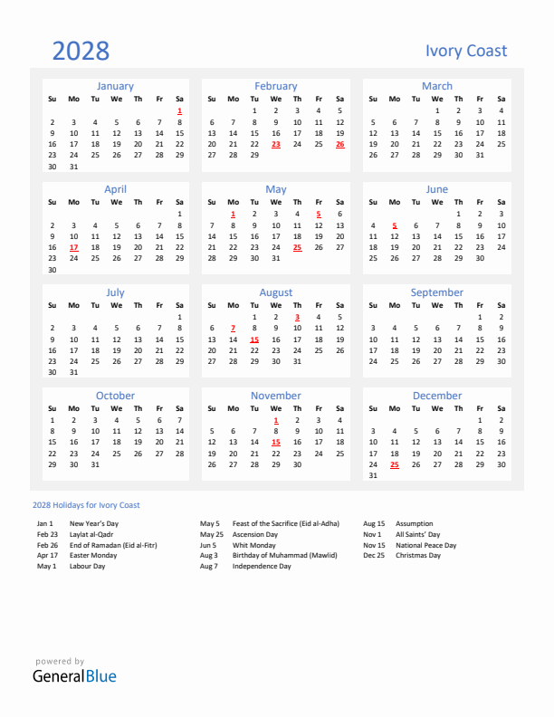 Basic Yearly Calendar with Holidays in Ivory Coast for 2028 